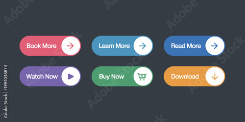 Modern call to action button set, trendy flat vector icons for apps and websites featuring buy now download book now and learn more interactive UI elements.