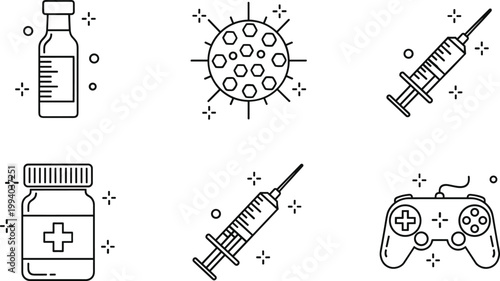 Vaccination and immunity line icon set with virus syringe medicine bottle and health protection outline vector illustration collection