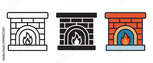 Classic brick fireplace icon set, burning fire hearth symbol, home interior warmth winter comfort vector illustration design
