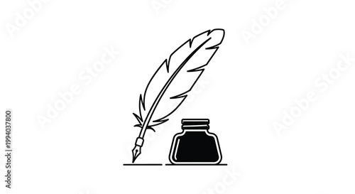 A simple black and white illustration of a quill and inkwell