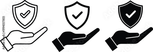 Black and white security icons shields with checkmarks and hands pointing representing protection and validation