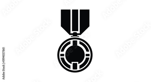 A simple black silhouette of a military medal with a ribbon