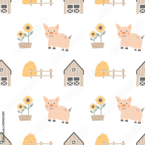 Cute farm seamless pattern with pig, barn and sunflowers