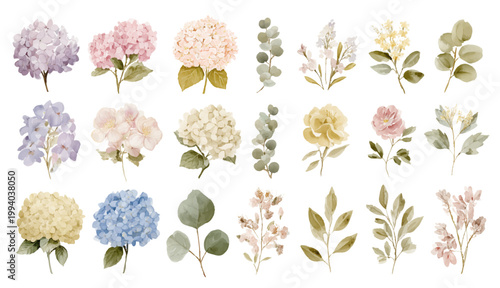 エレガントでアンティークな雰囲気の水彩画風アジサイや色々な花の素材セット