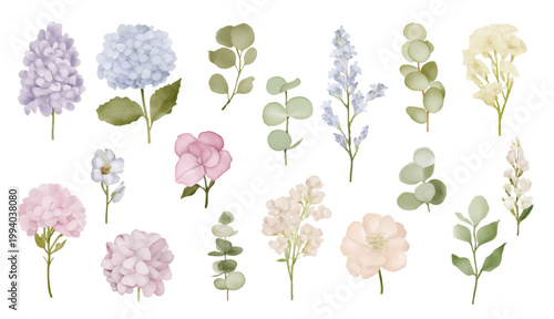 アンティークな雰囲気の落ち着いた色合い、水彩画風、花や葉などの素材セット