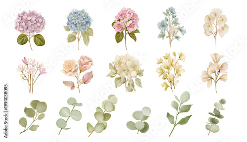 アンティークな雰囲気の落ち着いた色合い、水彩画風、花や葉の素材セット