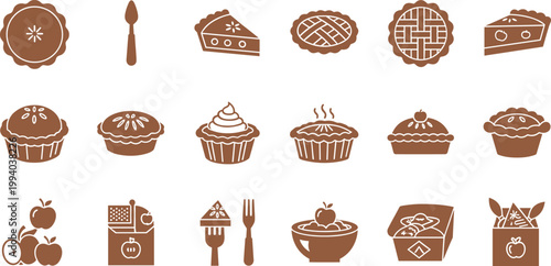 Bakery dessert icon set with pies cupcakes cakes apple sweets pastry collection flat brown silhouette vector illustration