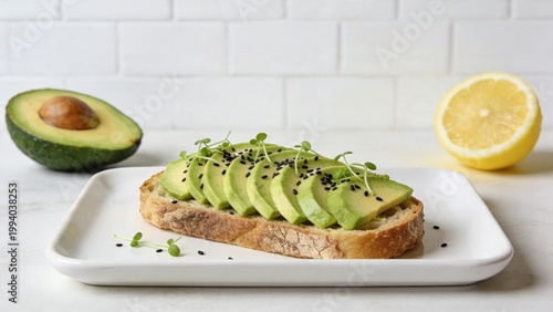  is a high-resolution, minimalist food photograph featuring a slice of rustic, crusty bread topped with thinly sliced avocado. The bread is placed on a white rectangular ceramic platter, which contras