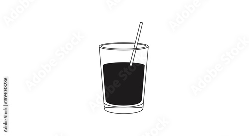 Simple line drawing of a glass filled with dark liquid and a straw