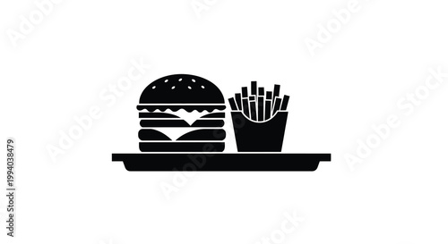 A simple black silhouette depicts a burger and fries on a tray