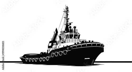 Black and white illustration of a powerful tugboat on the water