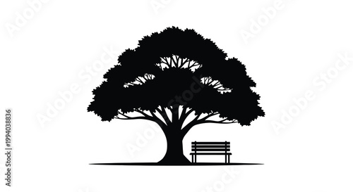 A stark silhouette of a tree and a bench in a minimalist landscape
