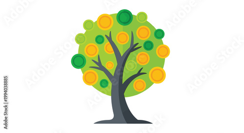 A stylized tree with circular coins as leaves symbolizing growth and wealth