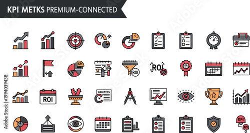 KPI metrics premium connected analytics performance icon set including charts ROI dashboard monitoring strategy vector collection