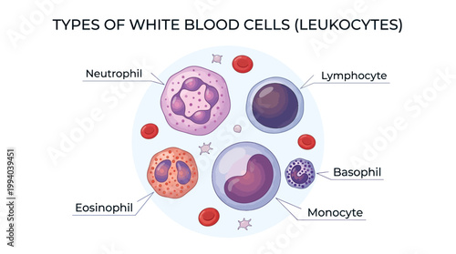 Diagram illustrating the five main types of white blood cells, also known as leukocytes, with their distinct morphological features and surrounding red blood cells.