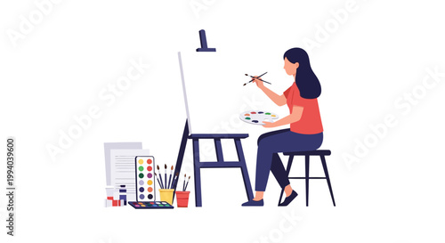 Woman sitting at an easel painting.