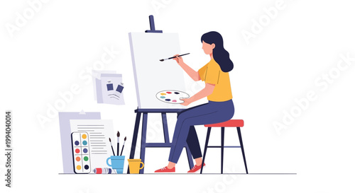 Woman painting on an easel with colorful art supplies.