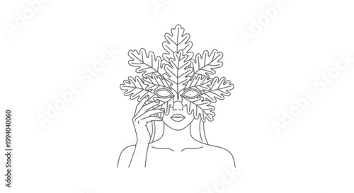 Elegant Woman Adorned with Oak Leaf Mask, Artistic Line Drawing.