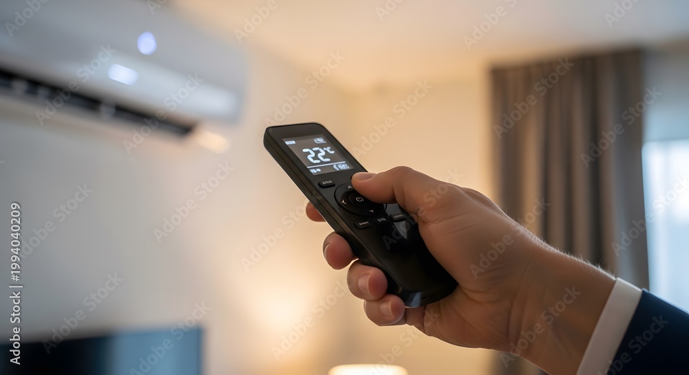 Fototapeta premium Using Remote Control to Set Air Conditioner Temperature for Sleep Comfort