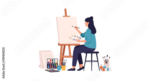 Woman painting on an easel with art supplies.