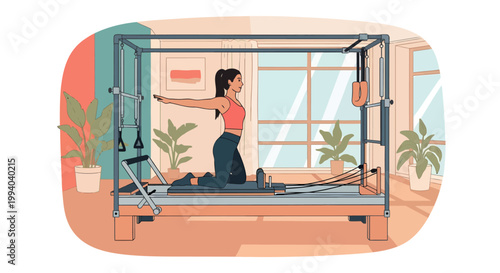 Woman exercises on reformer pilates machine at home with plants nearby
