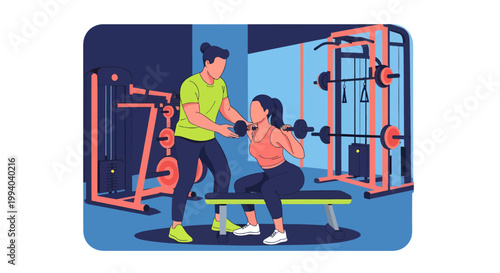 A woman lifts dumbbells on a bench with a trainer guiding her in a gym with equipment.