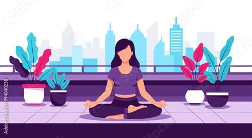 Woman meditating on a rooftop terrace with cityscape view illustration