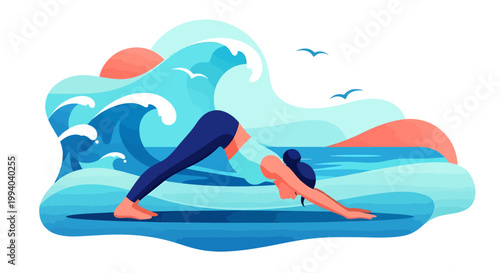 Woman practices yoga on beach at sunrise with ocean waves and seagulls flying overhead
