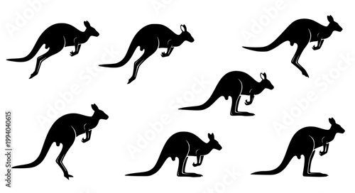 Dynamic Kangaroo Silhouette Set Jumping Poses Wildlife Vector Illustration