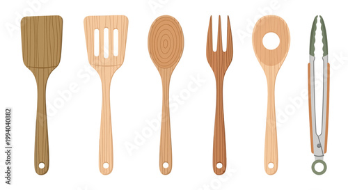 Natural Wooden Kitchen Utensils Flat Icon Set