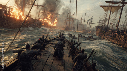 Naval Battle: A depiction of a fierce naval battle unfolds, showcasing ships ablaze amidst turbulent waters and brave warriors in conflict.