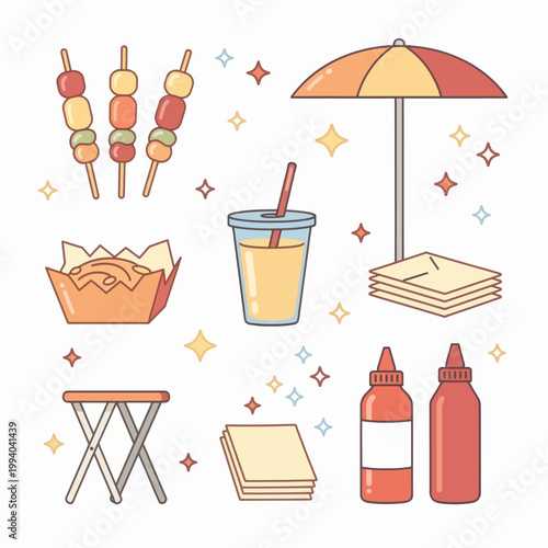 Summer picnic items, including kebabs and juice drink
