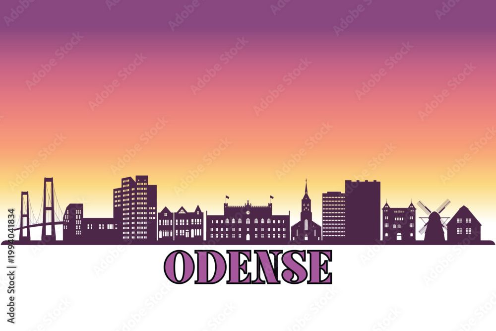Obraz premium Global city Odense shown in a detailed vector skyline with a twilight sky