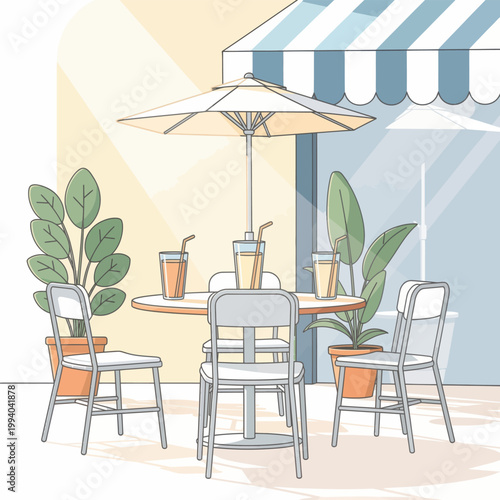 Outdoor cafe table with drinks and umbrellas in the summer