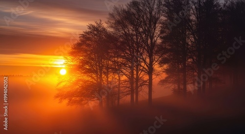 Golden Sunset Over Misty Trees.