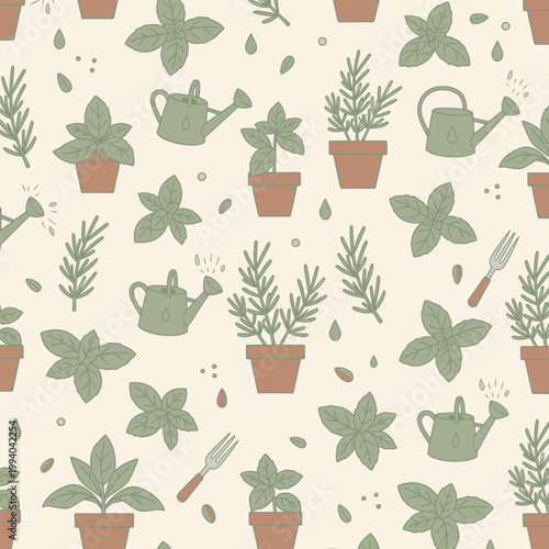 Herbs, watering cans and forks seamless pattern on cream