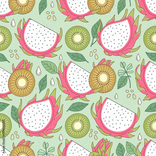 Seamless pattern with fresh kiwi and dragon fruit on a soft green backdrop