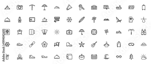 Linear travel icons set. Vector illustration of detailed camping, beach, winter & outdoor items. Includes tent, camera, passport, suitcase, mountains, sun, barbecue, pool, snowflake & more.