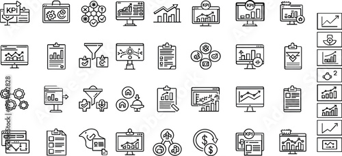Business analytics KPI performance dashboard line icon set including charts monitoring reporting finance statistics outline vector collection