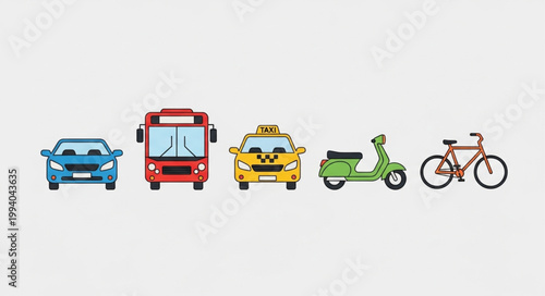 Collection of diverse transportation vehicles on a plain background.