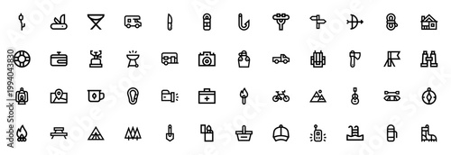 Camping and Equipment icon set. Outdoor vector icons pack. Includes tent, backpack, axe, compass, campfire, hiking gear and more. Editable stroke illustration.