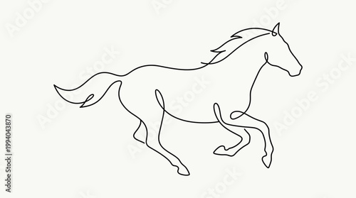 Minimalist continuous line drawing of a running horse.