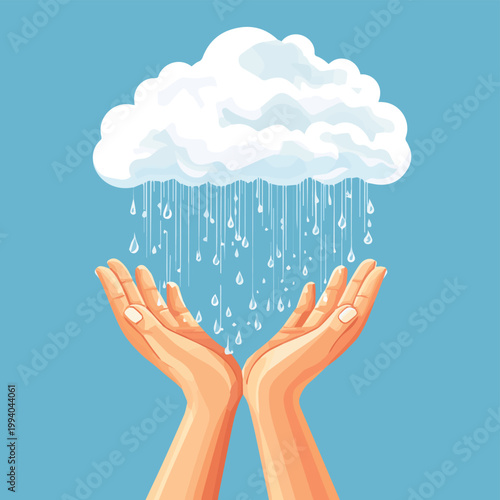 A pair of hands catching rain from a fluffy cloud, symbolizing hope and nature's nourishment.
