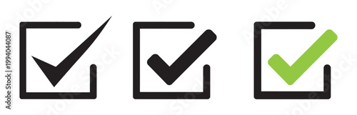 Check mark icon button set, checkbox tick box icons, right correct yes symbols, square frame checkmark vector illustration
