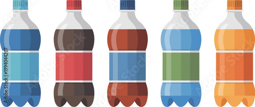 Water bottle icons, flat vector collection of mineral water carbonated soda and fizzy drink bottles for commercial branding and graphic design.