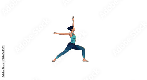 Yoga, woman in warrior pose, fitness illustration, vector, blue outfit