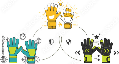 Goalkeeper Gloves Evolution Vector Illustration with Modern Sports Gear Design, Protection Features, Grip Technology, and Performance Enhancement for Soccer Training and Equipment Branding