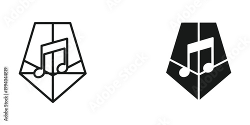 Contrast of musical note logos in white and black color schemes on pentagonal shields