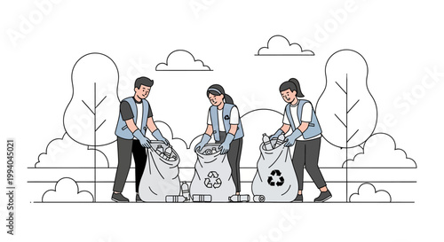 People collecting trash in a park.