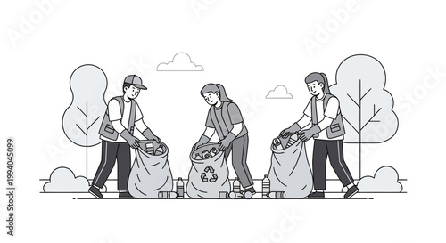 people collecting trash in bags outdoors.